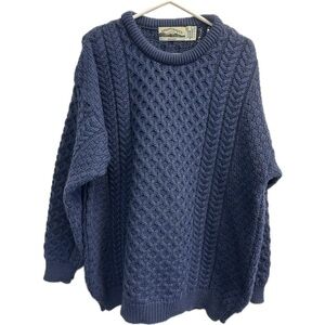 Aran Crafts Ireland 100% Merino Wool Blue Cable Knit Crew Neck Sweater S…
